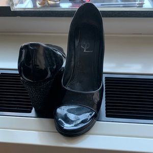 Yves saint Laurant black Paton leather open toe wedge shoes